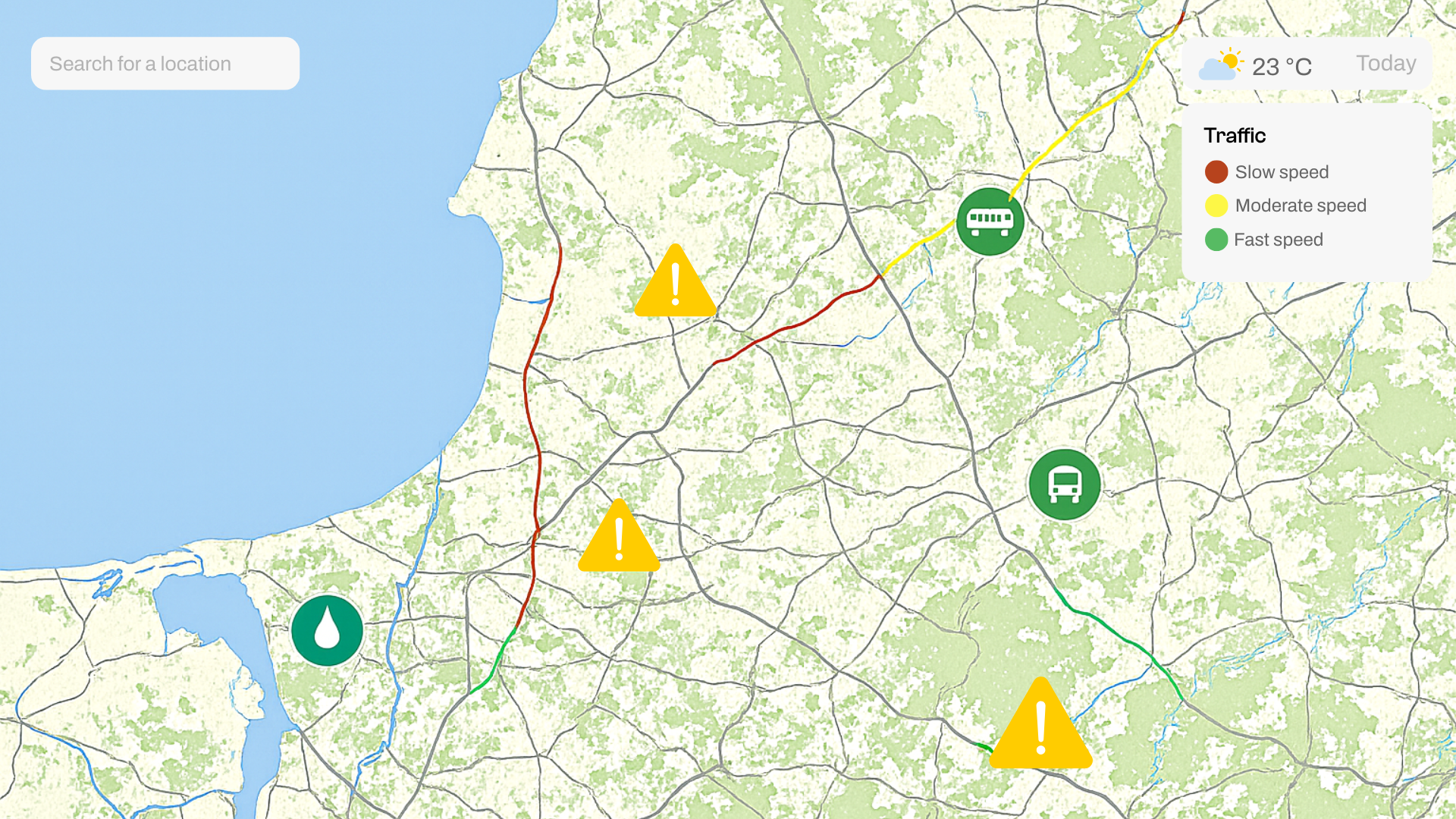 Illustrative map interface visualizing typical features of a smart traffic management system