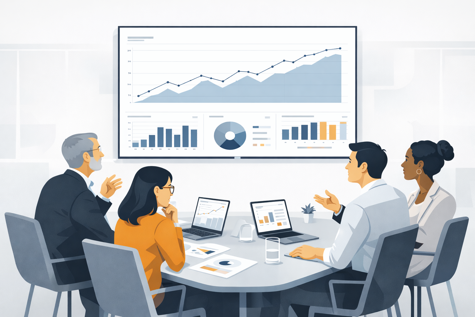 Five professionals in a conference room watching a large data dashboard with line and bar charts on the wall display.