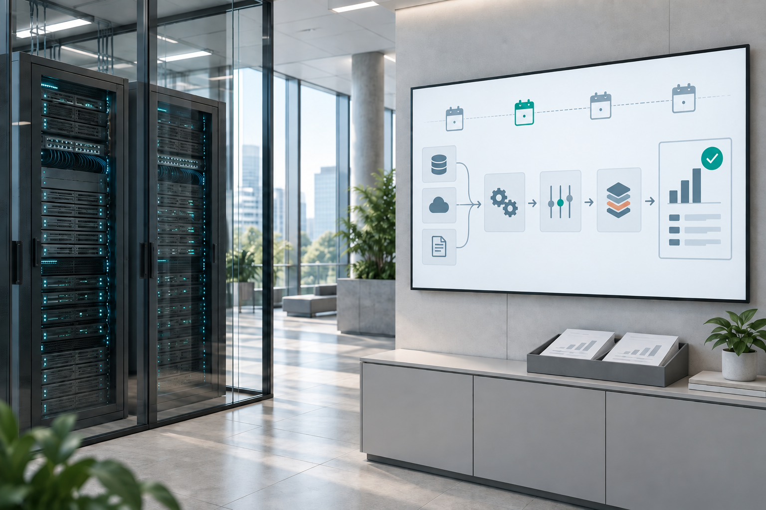 An unattended reporting workflow from data sources and servers to a completed report.