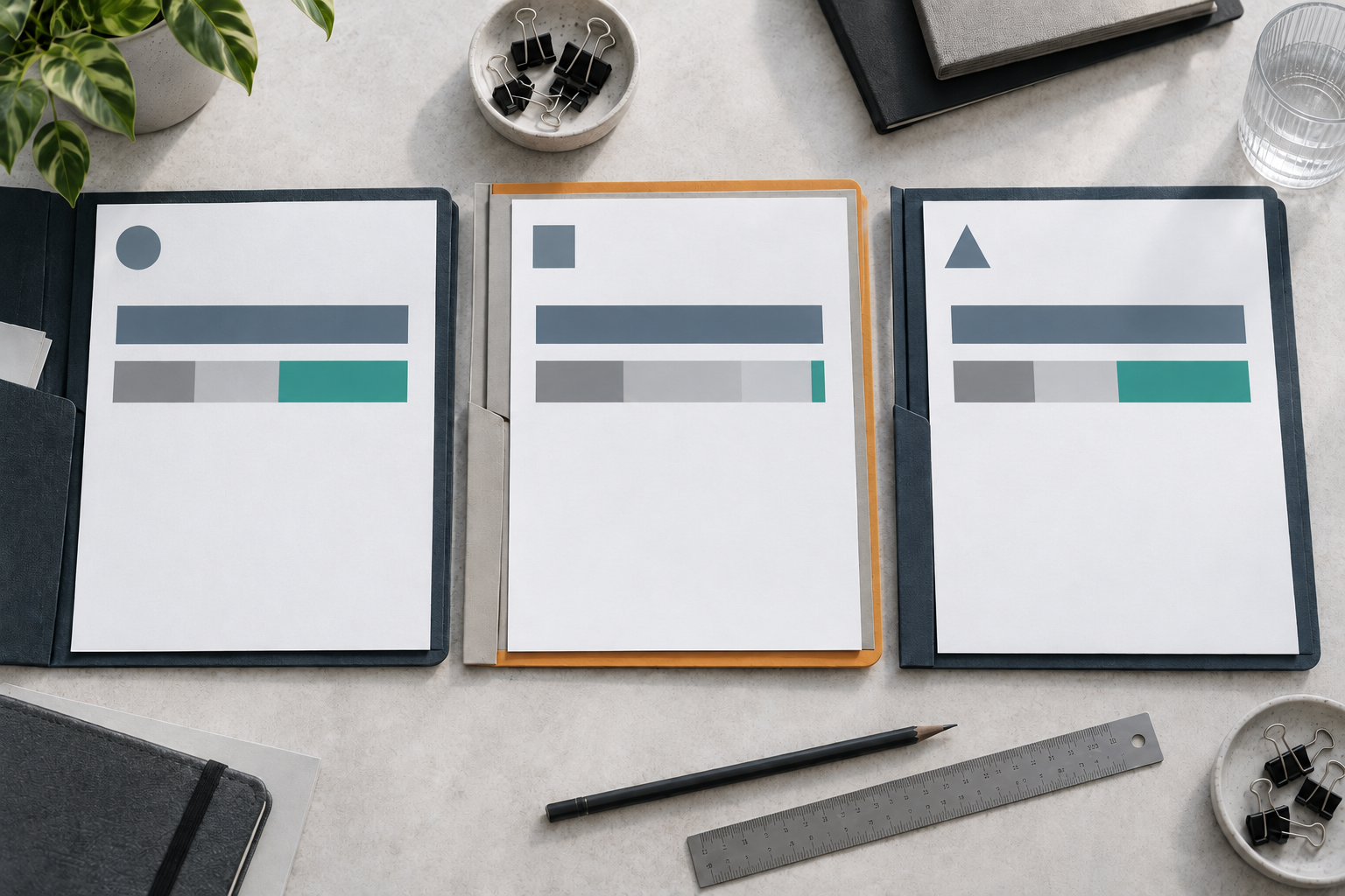 Three contract folders comparing revenue, costs and remaining margin from above.