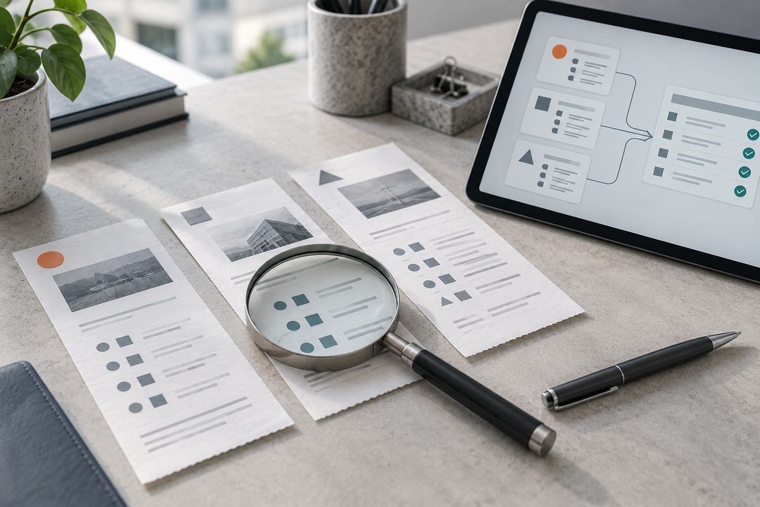 A magnifying glass over source documents linked to checked figures on a tablet.